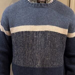 Lands’ End Direct Merchants 100% Wool Men’s XL Striped Blue & White Sweater